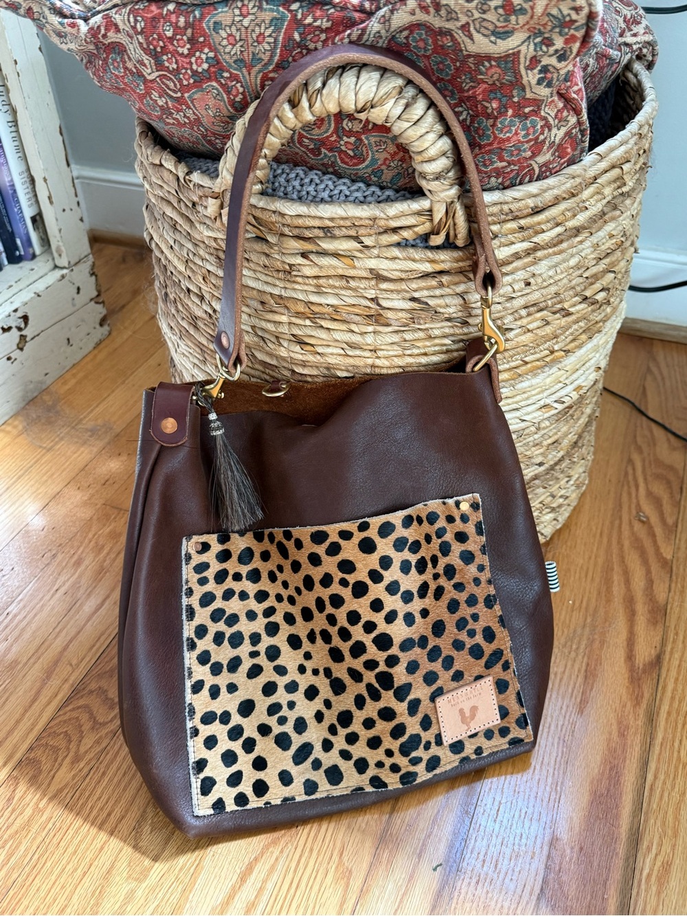 Brown Carryall with Leopard-Print Pocket and Tassel Detail